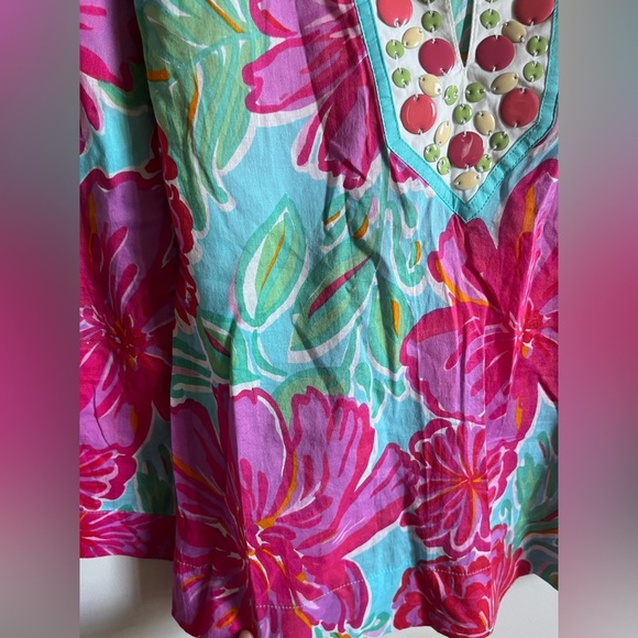 Lilly Pulitzer Embellished Tunic Floral Blouse - Pink and Blue XS Cotton - Picture 4 of 8